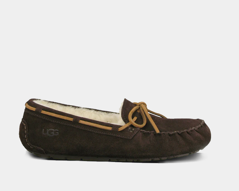 UGG Olsen slippers in dark brown suede with leather laces and plush shearling lining, side view.