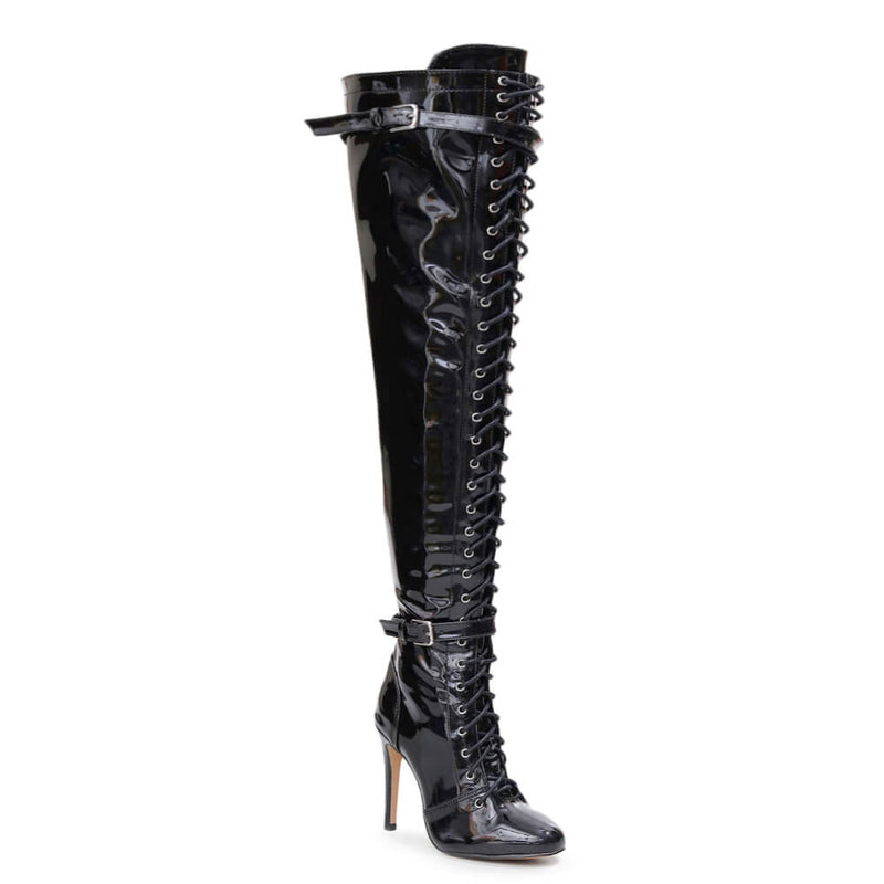 Omani Size Inclusive - Black Vegan Patent - Street Sole - Thigh Variant Five