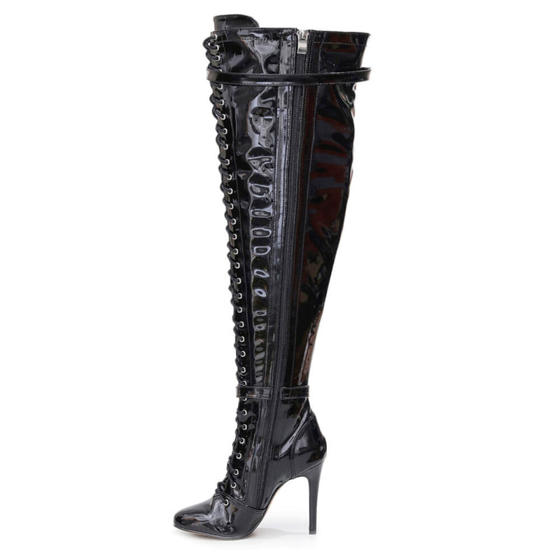 Omani Size Inclusive - Black Vegan Patent - Street Sole - Thigh Variant Five