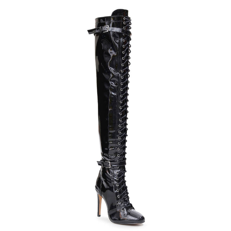 Omani Size Inclusive - Black Vegan Patent - Street Sole - Thigh Variant One
