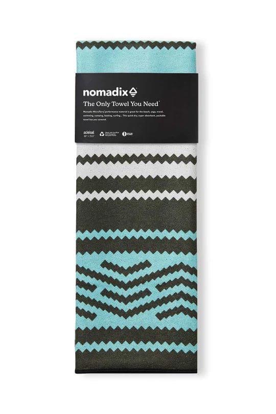 Nomadix Original Towel with turquoise, black, and white zigzag patterns, folded front view showing packaging.