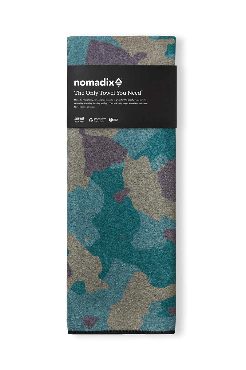 Nomadix Original Towel featuring a camouflage design in shades of teal, gray, and purple, folded front view.