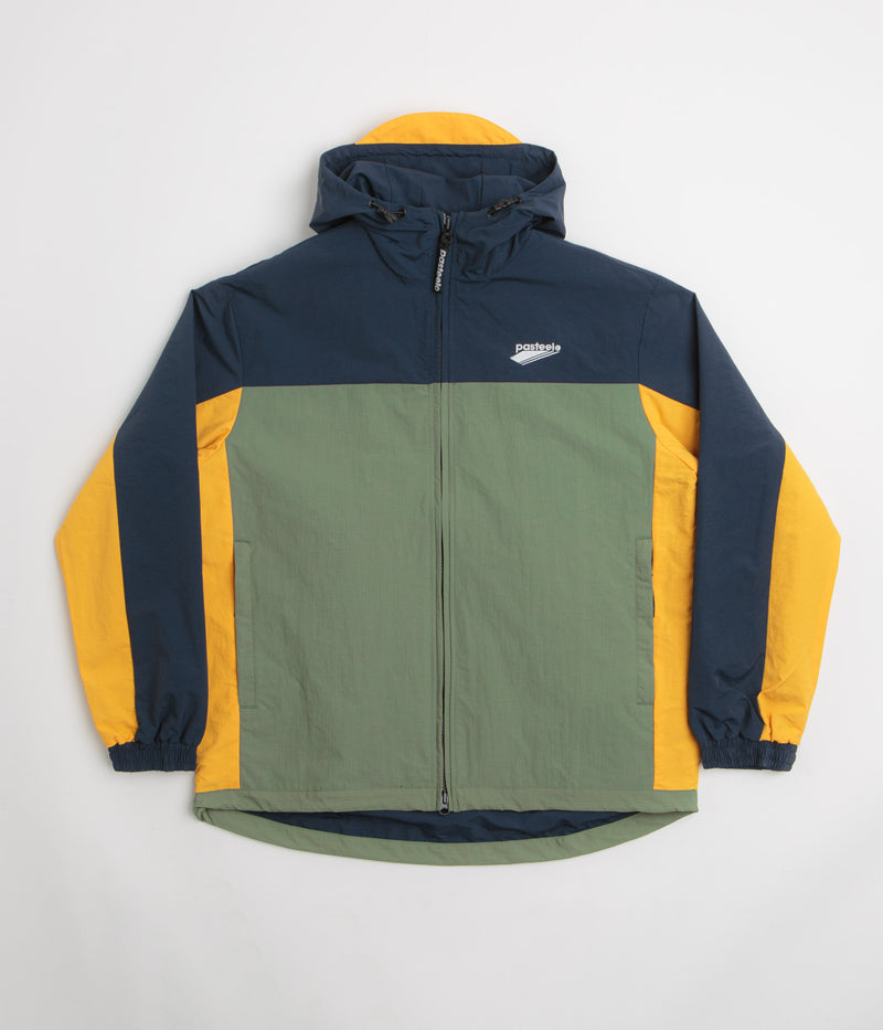 Pasteelo Hooded Windbreaker Jacket in Navy and Olive / Gold