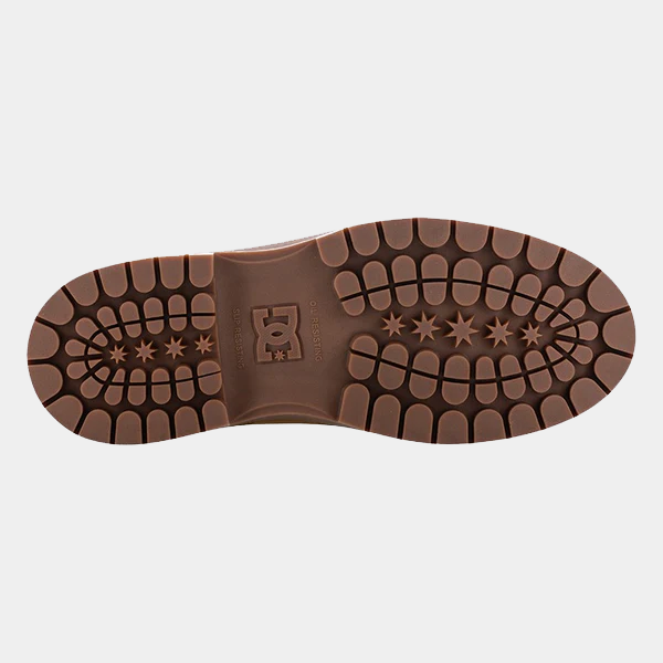 DC WorkCrew Peary TR Work Waterproof Comp Toe Boot outsole in brown rubber showing durable lug pattern and oil-resistant design, bottom view