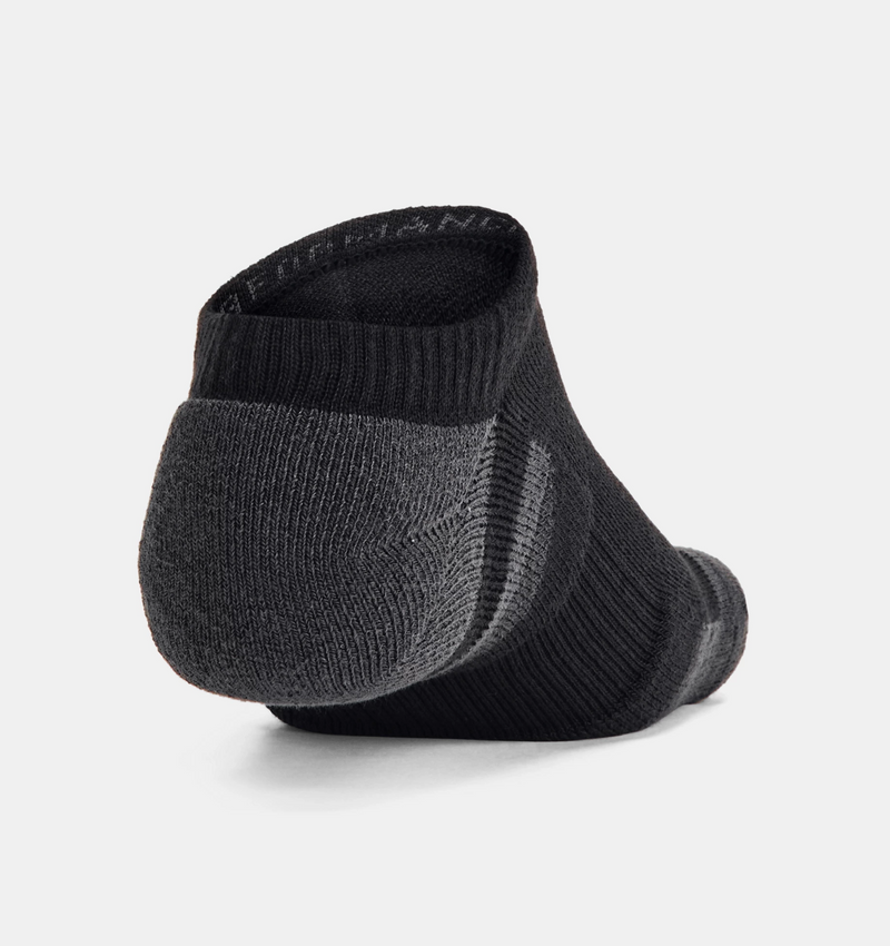 Under Armour Performance Tech™ No Show Socks 6-Pack, black and gray with ribbed cuffs and reinforced heel, back view.