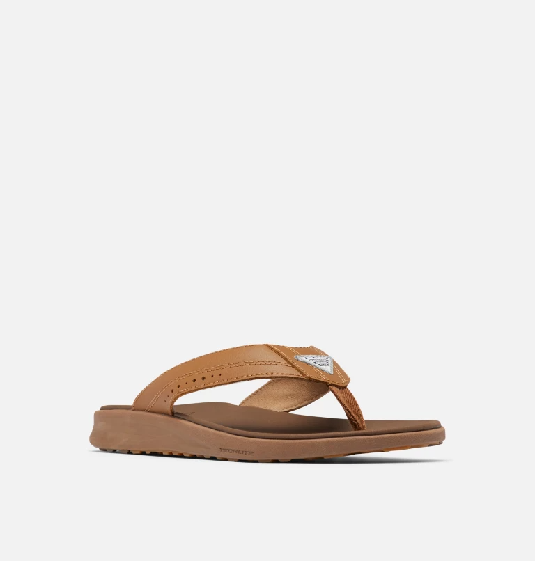 Columbia PFG Rostra™ Beachcomber™ LE sandals in tan with cushioned footbed and leather thong strap, side view.