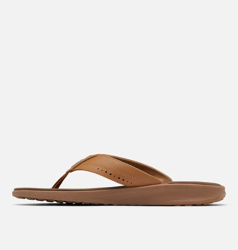 Columbia PFG Rostra™ Beachcomber™ LE sandals in brown with leather straps and textured sole, side view.