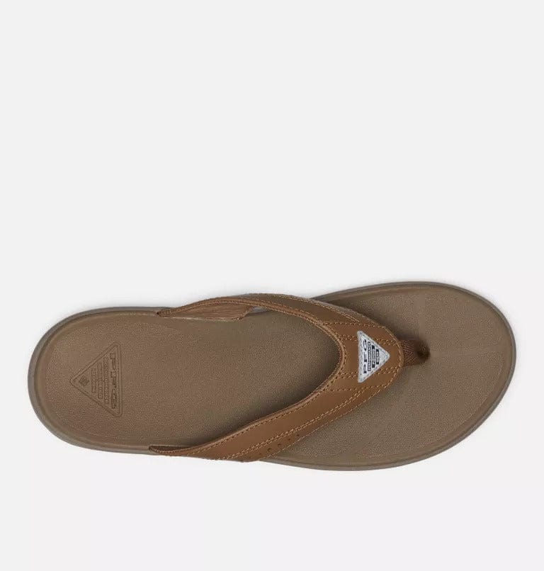 Columbia PFG Rostra™ Beachcomber™ LE sandals in brown with stitched leather straps and textured footbed, top view.