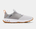 Columbia PFG Tamiami™ casual shoes in light gray with mesh upper, white midsole, gum outsole, and orange heel loop, side view.