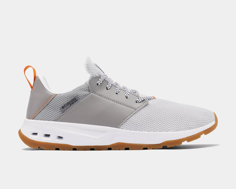 Columbia PFG Tamiami™ casual shoes in light gray with mesh upper, white midsole, gum outsole, and orange heel loop, side view.