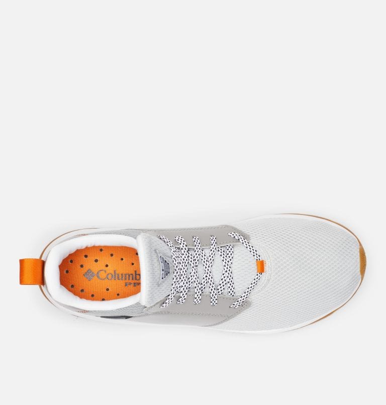 Columbia PFG Tamiami™ shoes top view showcasing white mesh upper, gray overlays, orange heel tab, and perforated orange insole.