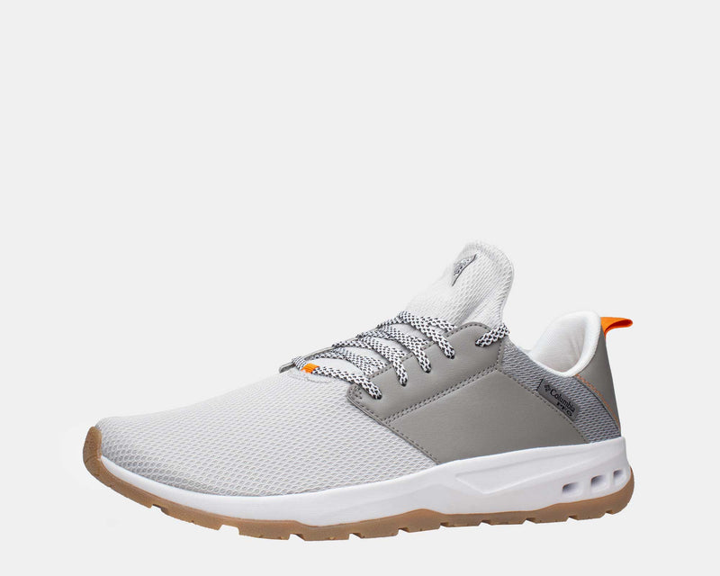 Columbia PFG Tamiami™ shoes side view in light gray and white mesh with orange heel pull tab, cushioned midsole, and gum outsole.