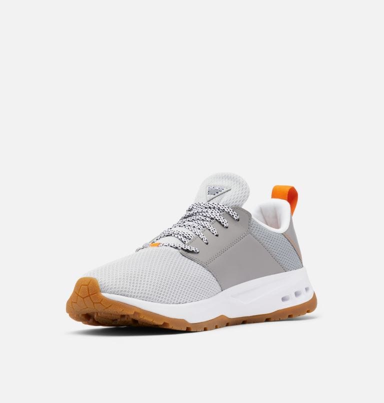 Columbia PFG Tamiami™ shoes in light gray with mesh upper, white accents, orange heel pull tab, and gum rubber outsole, front-side view.