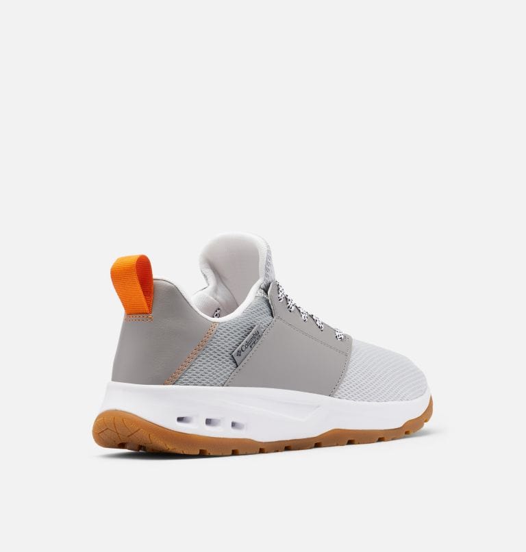 Columbia PFG Tamiami™ shoes in light gray and white with orange heel pull tab, durable mesh upper, and gum outsole, back-side view.