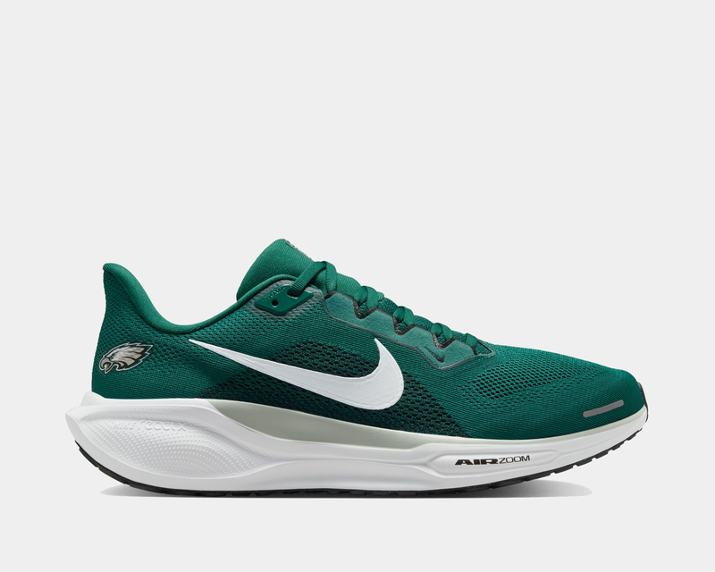 Nike Philadelphia Eagles Pegasus 41 running shoes in green mesh upper with embroidered Eagles logo and white Air Zoom midsole, side view.