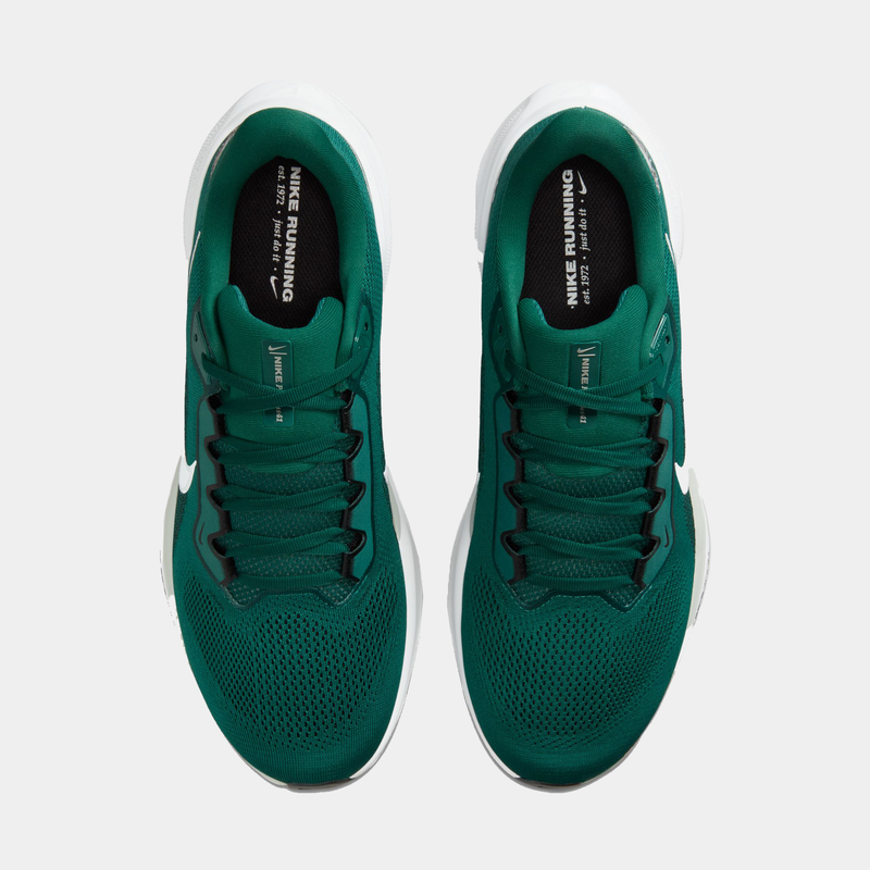 Nike Philadelphia Eagles Pegasus 41 running shoes in green with breathable mesh upper and black laces, top view.