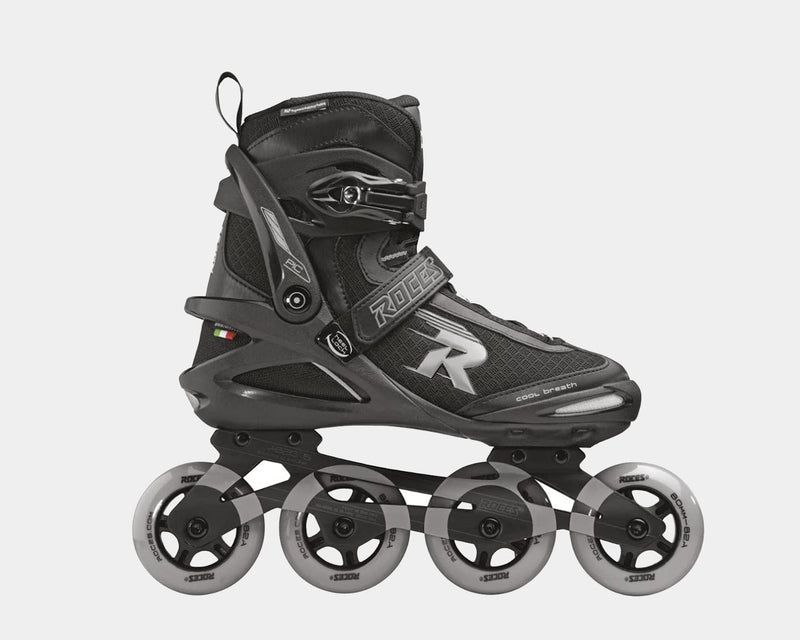 Roces PIC Tif inline skates in black and gray with four wheels, breathable mesh upper, and secure buckle system, side view.