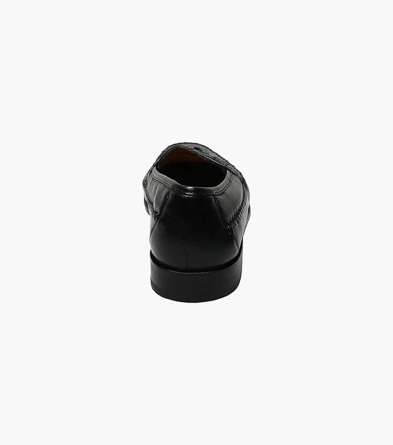 Florsheim Pisa dress shoe in black leather with stitched detailing and polished heel, back view.