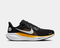 Nike Pittsburgh Steelers Pegasus 41 running shoes in black with team logo, white Swoosh, and yellow accents, side view.