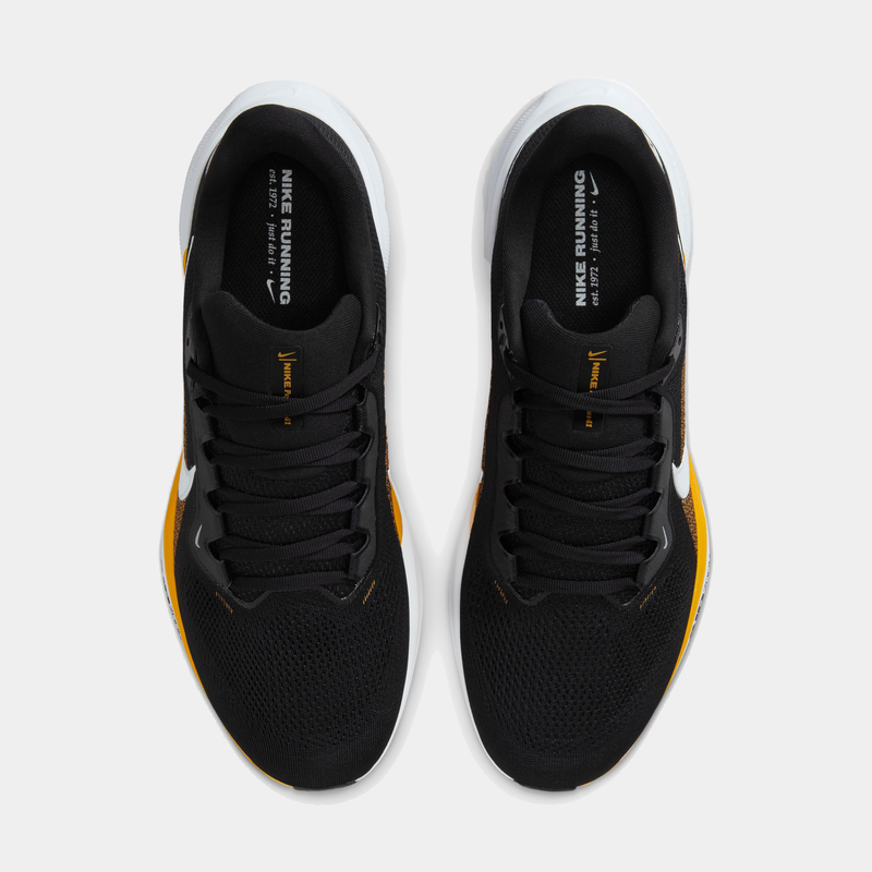 Nike Pittsburgh Steelers Pegasus 41 running shoes in black with yellow accents and breathable mesh upper, top view showing lace system.