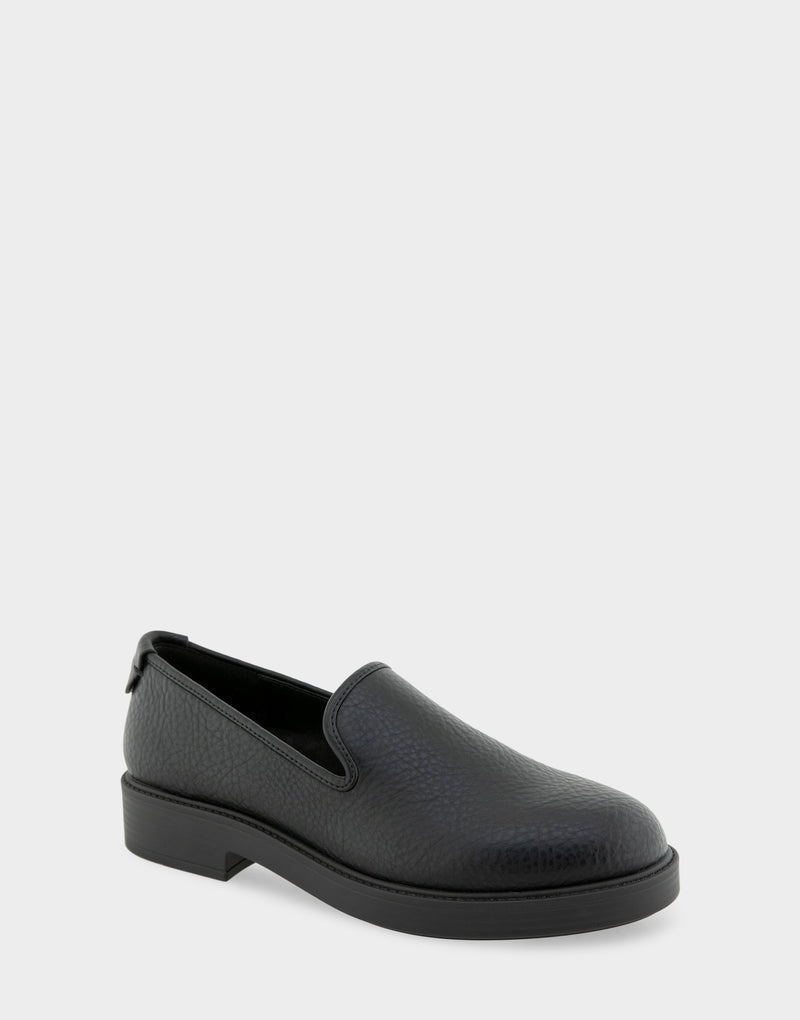 Comfortable Women's Tailored Loafer In Black Faux Nubuck Angle View