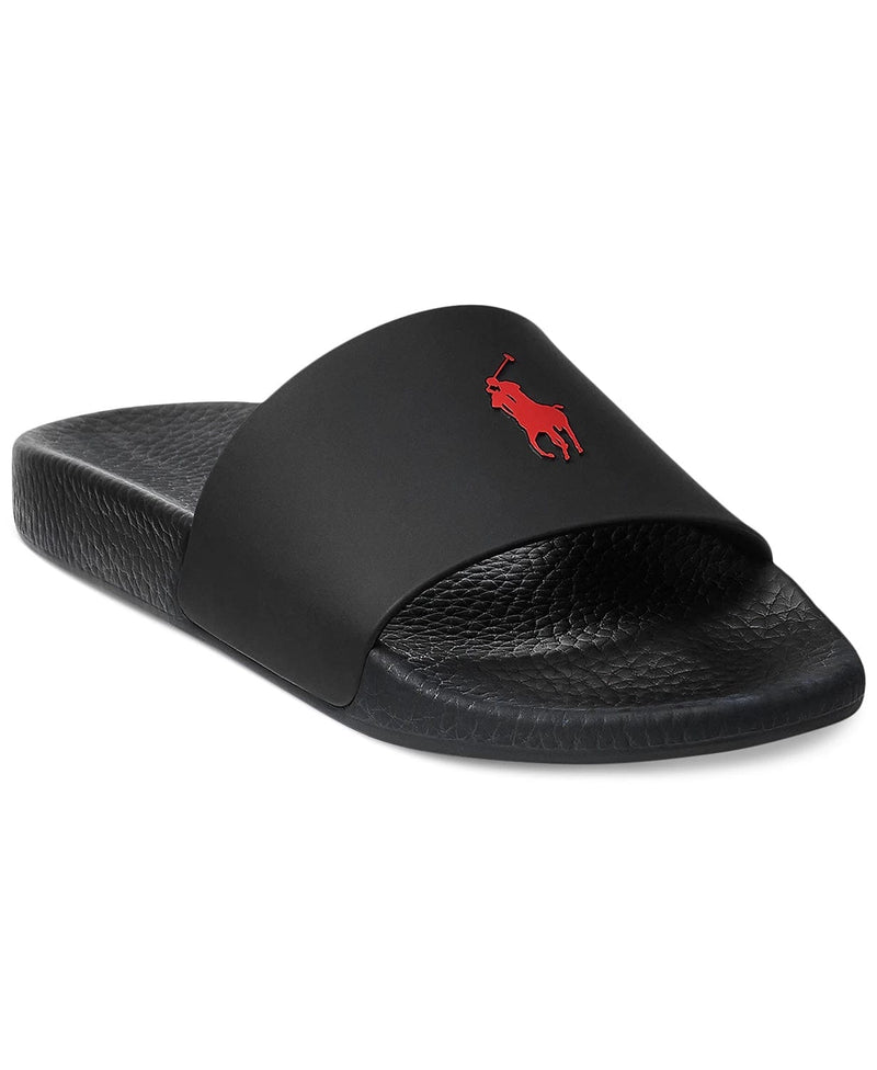 Polo Ralph Lauren Polo Signature Slide sandals in black with a red polo logo, textured footbed and wide strap, angled front view.