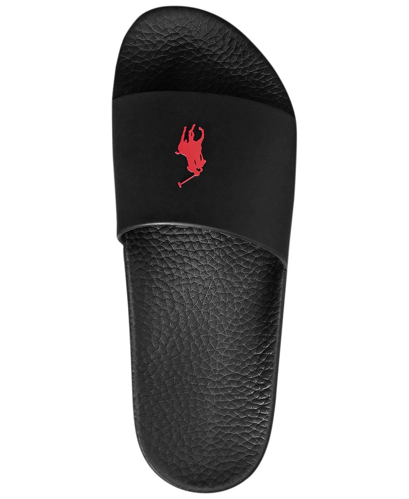 Polo Ralph Lauren Polo Signature Slide sandals in black with red polo player logo on strap, top view showing textured footbed.