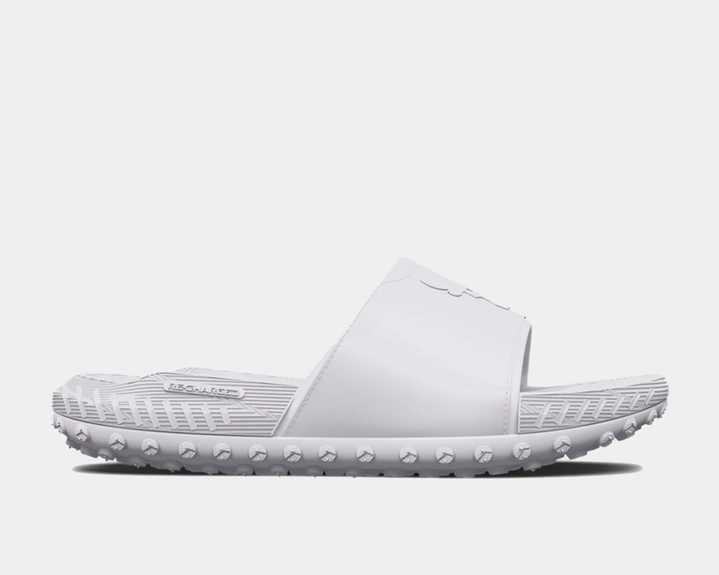 Under Armour Project Rock 3 Slides in white featuring textured strap and Recharged outsole with grip studs, side view.