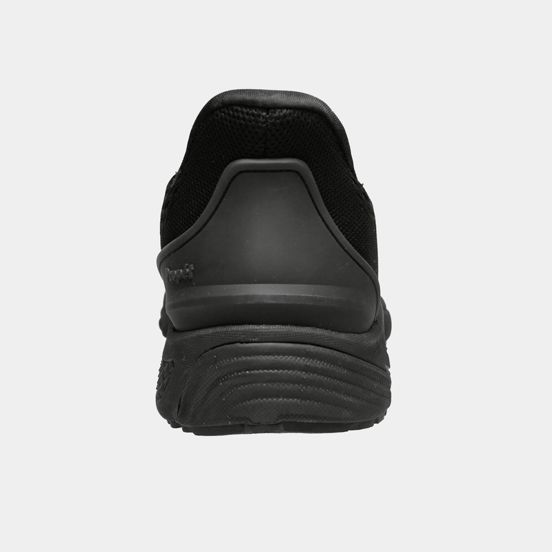 Propét One Velocity Slip-On shoes in black with a textured outsole and heel counter, back view.