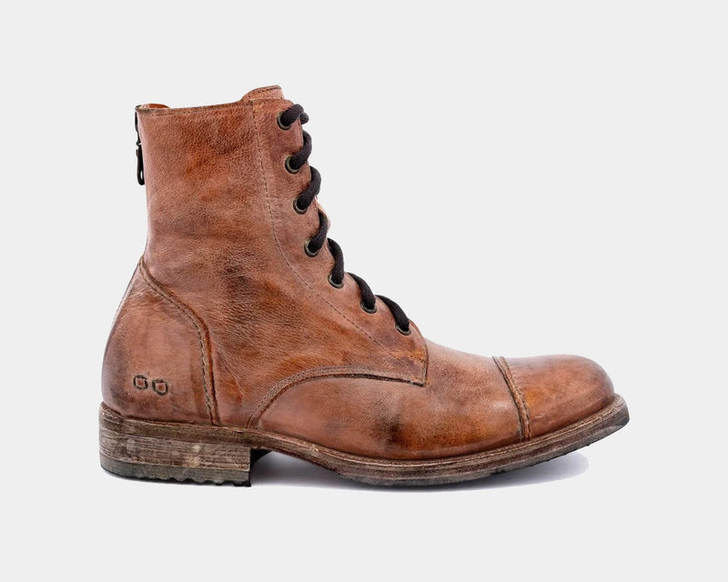Bed Stu Protege Vintage Finish boots in distressed brown leather with cap toe design and lace-up closure, side view.