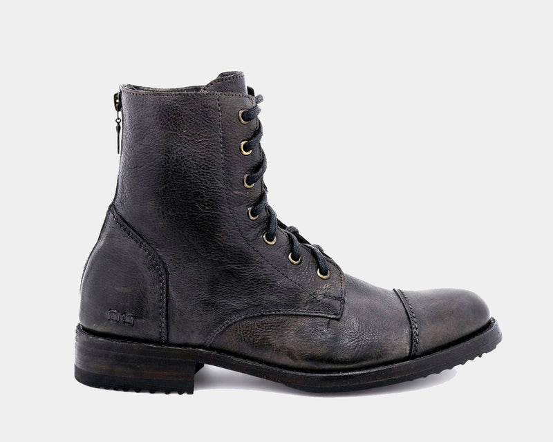 Bed Stu Protege boots in distressed black leather with lace-up front and side zipper, side view.