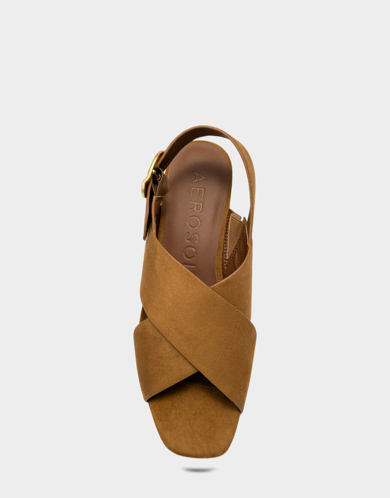 Comfortable Women's Platform Sandal in Natural Faux Suede Cork Heel Full Front View