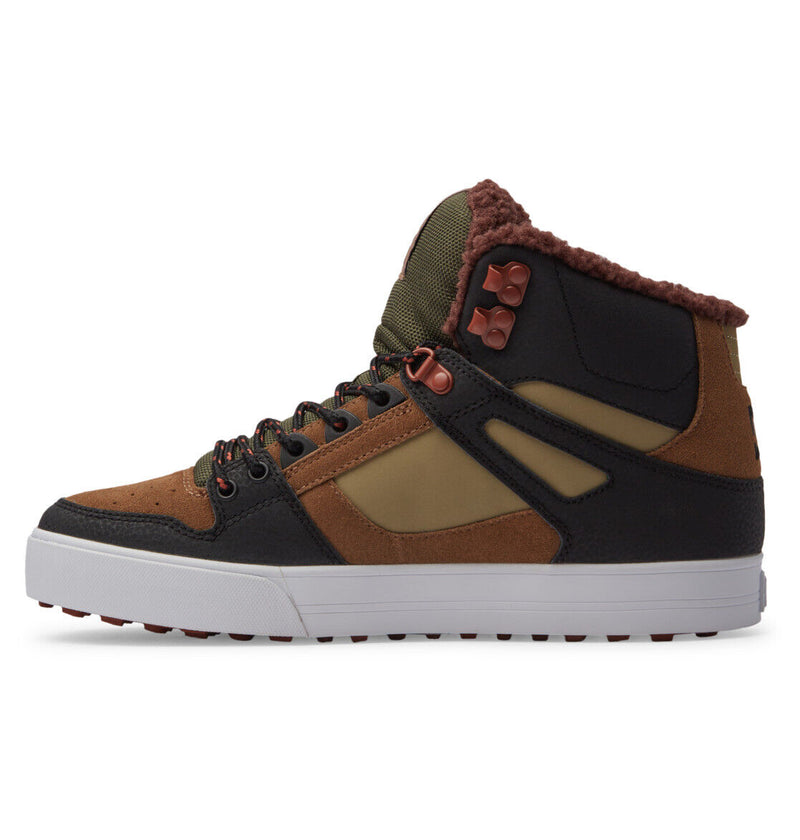 DC Footwear Pure High Top WC Winter sneakers in brown, black, and olive green with durable suede overlays, fleece lining, and high-top design, side view.