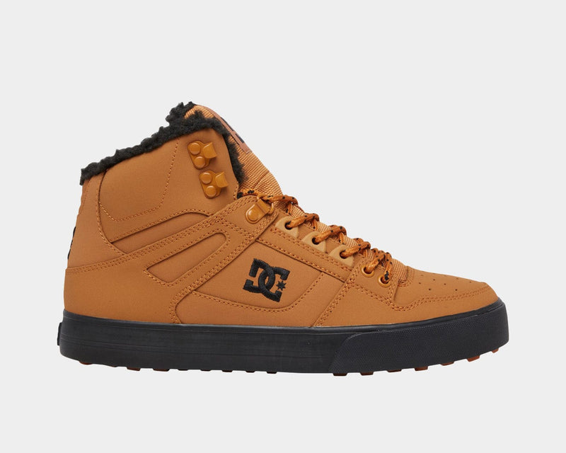 DC Footwear Pure High Top WC Winter shoes in tan with black sole, fleece lining, branded logo, and durable lace system, side view.