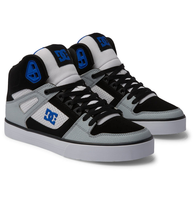 DC Footwear Pure High Top WC sneakers in black, white, and gray with blue logo accents and perforated detailing, front angle view.