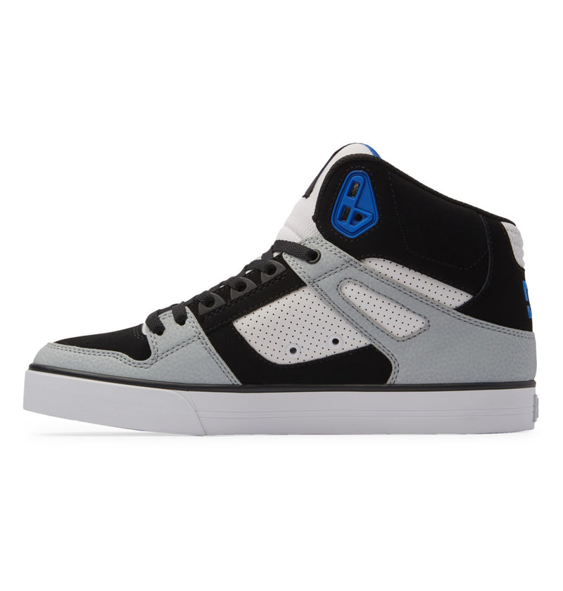 DC Footwear Pure High Top WC sneakers, black, white, and gray colorway with perforated panels and blue accents, side view.
