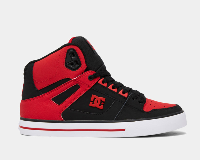 DC Footwear Pure High Top WC sneakers in black and red with high-top design, logo detail, and white outsole, side view.