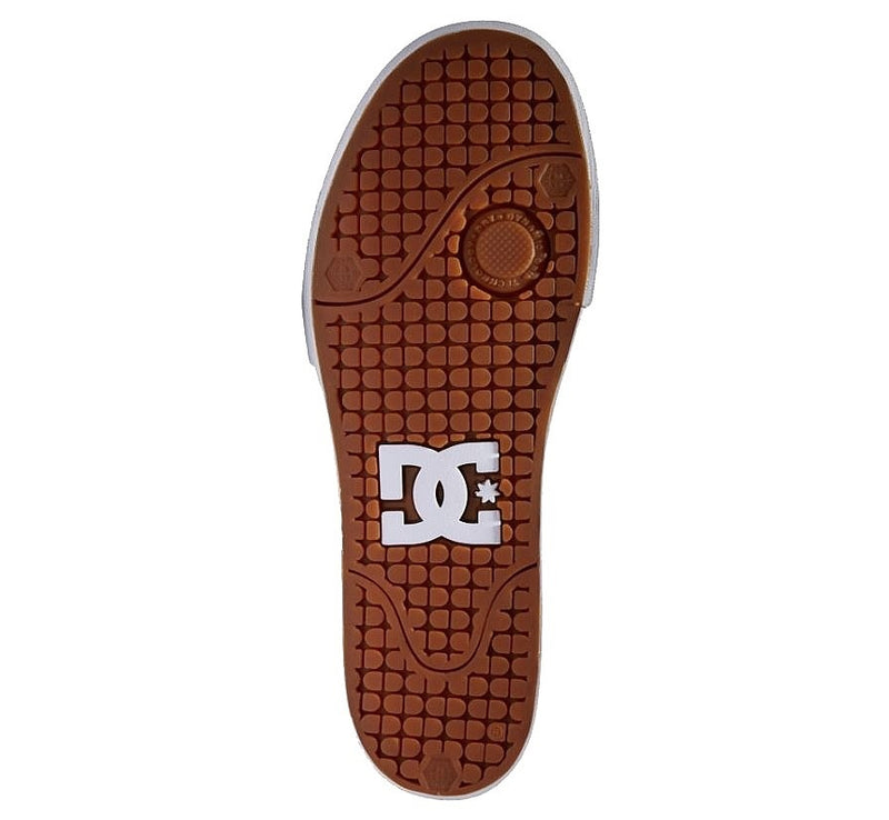DC Footwear Pure shoes outsole in brown rubber with white logo detailing and grip-enhancing tread pattern.
