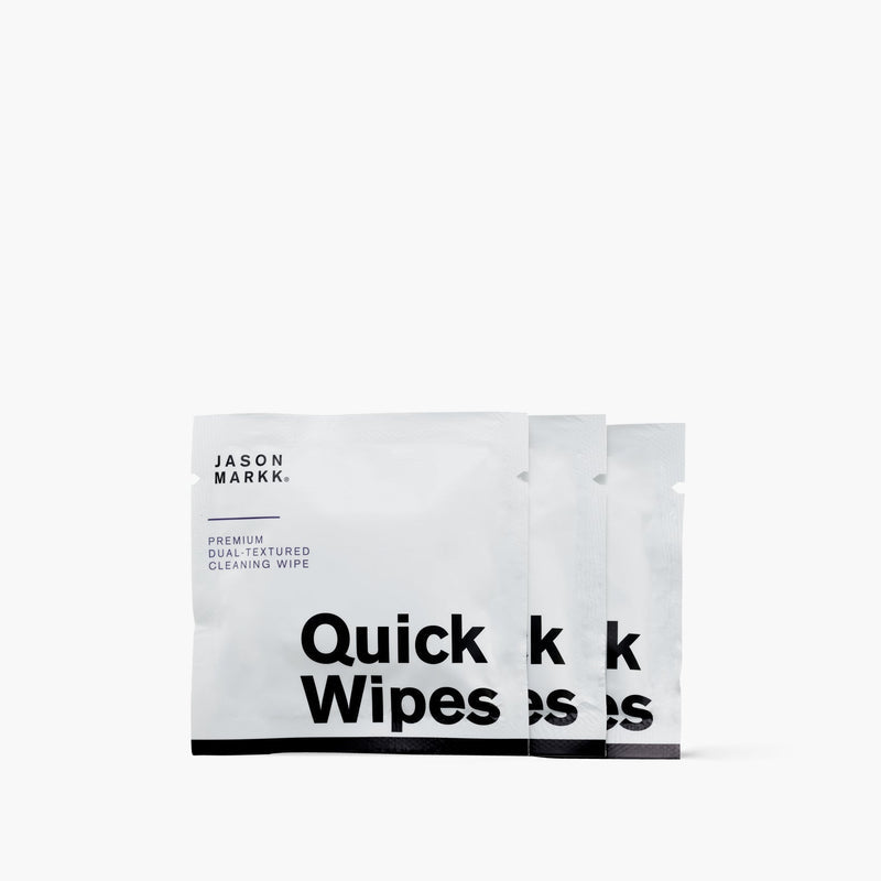 Jason Markk Quick Shoe Cleaning Wipes, individually packaged in white with bold black text and dual-textured features.