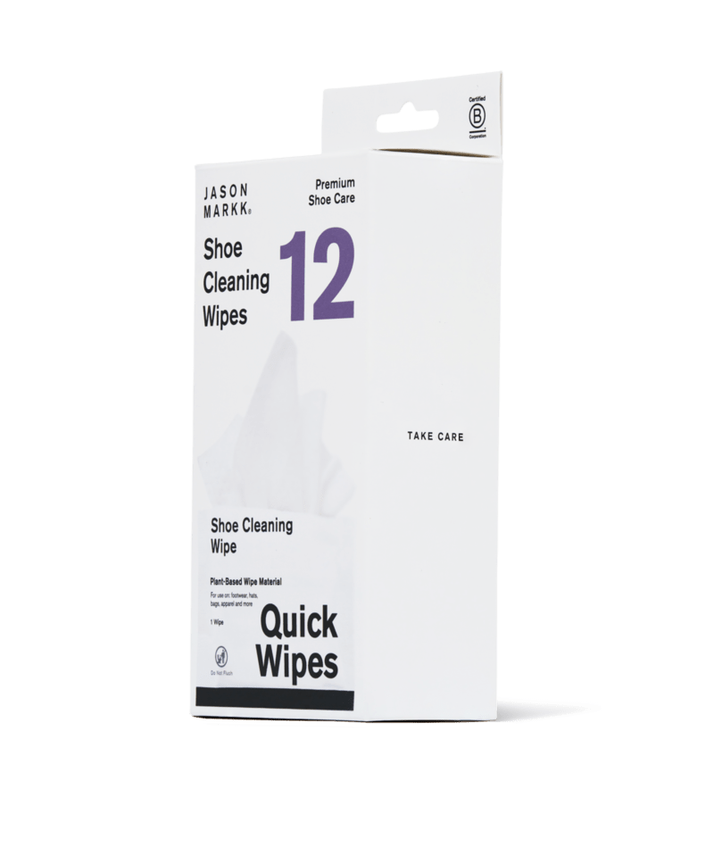 Jason Markk Quick Shoe Cleaning Wipes box with 12 plant-based cleaning wipes, side view showing packaging design and branding in white and purple.