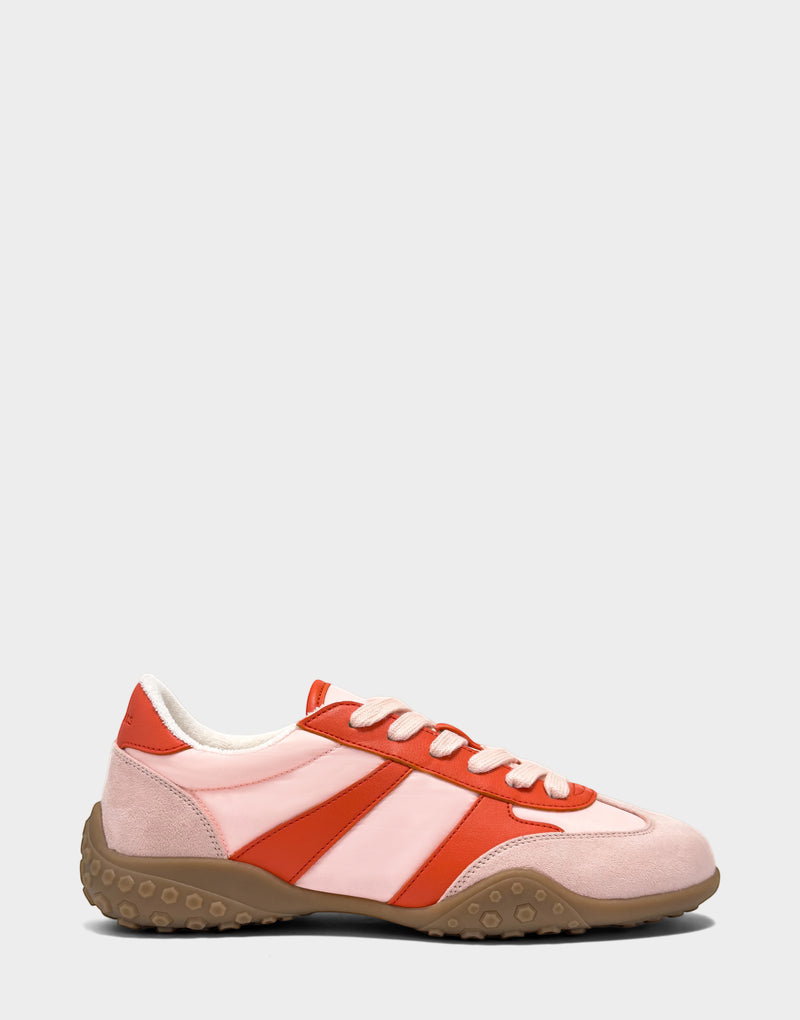 Comfortable Women's Sneaker in Pale Pink/Orange Faux Suede/Nylon, side view