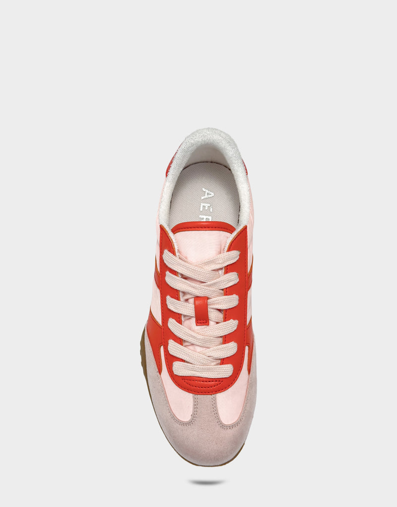 Comfortable Women's Sneaker in Pale Pink/Orange Faux Suede/Nylon, top view