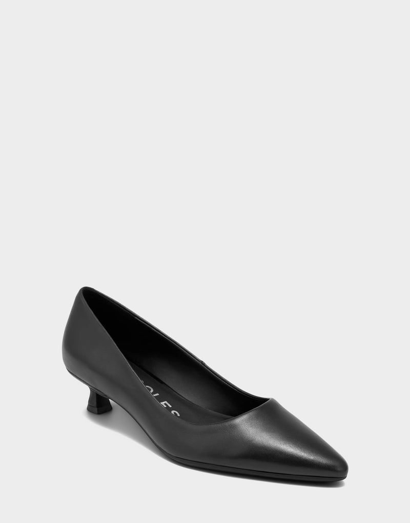 Comfortable Women's Kitten Heel in Black Leather Leather, angle view