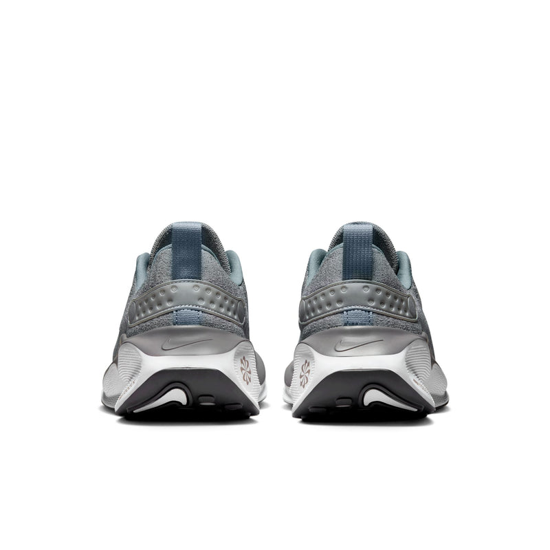 Nike React Infinity Run 4 running shoes back view featuring gray and blue upper, padded heel collar, and textured design.