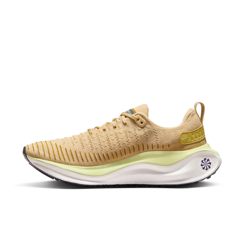 Nike React Infinity Run Flyknit 4 running shoes in beige with Flyknit upper, padded heel, and React foam midsole, side view.