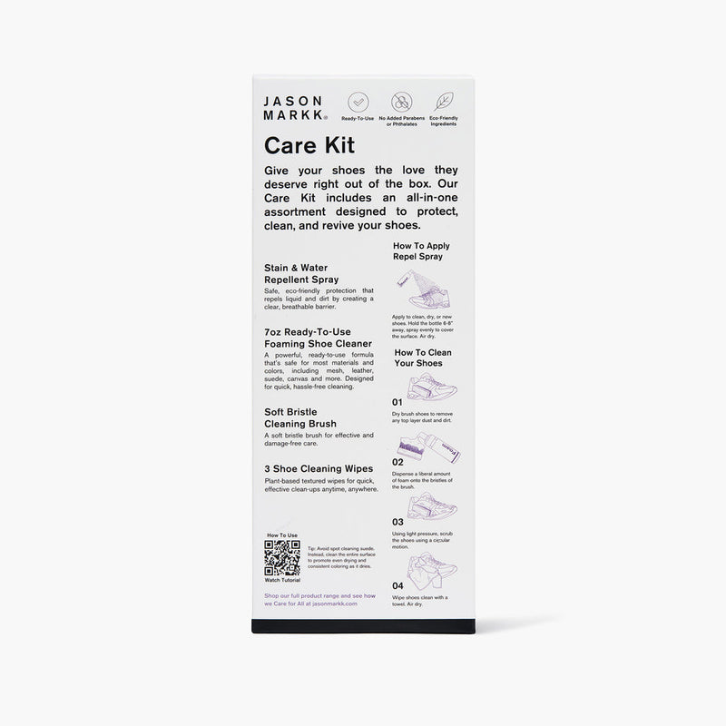 Jason Markk Ready-To-Use Clean Kit, all-in-one shoe care set featuring stain repellent spray, foaming shoe cleaner, soft bristle brush, and cleaning wipes, front view showing product details.