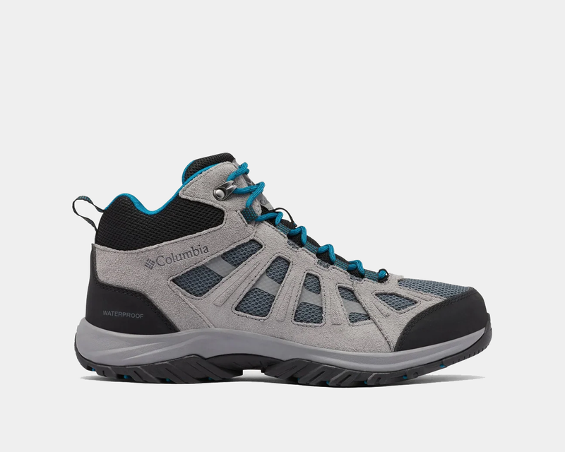 Columbia Redmond™ III Mid Waterproof hiking boots in gray with black toe cap, breathable mesh panels, and teal laces, side view.