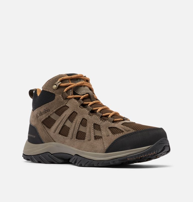 Columbia Redmond™ III Mid Waterproof hiking boots in brown and black with suede and mesh upper, front angled view.