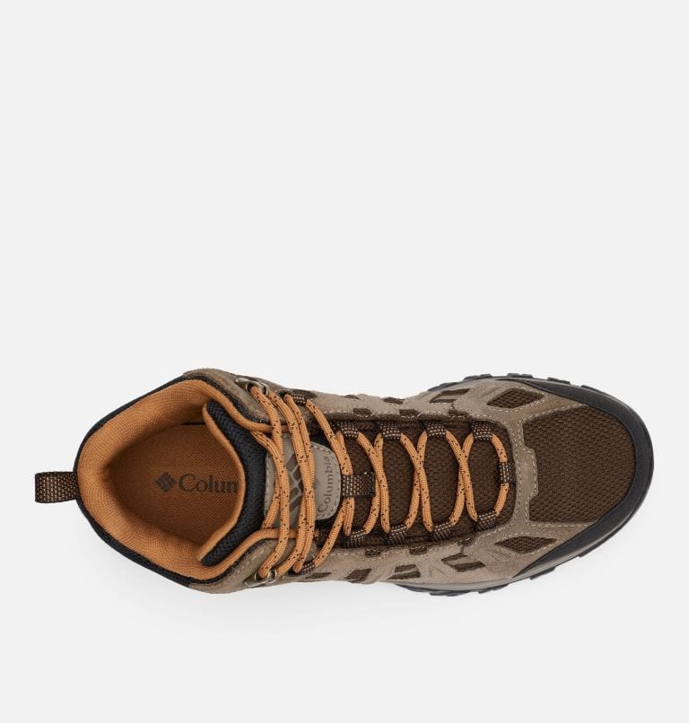 Columbia Redmond™ III Mid Waterproof hiking boots top view featuring a brown suede and mesh upper with tan laces and padded collar.
