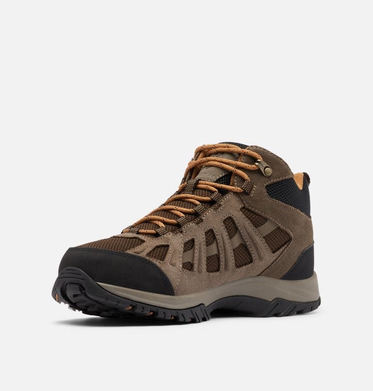 Columbia Redmond™ III Mid Waterproof hiking boots in brown suede and mesh with black toe cap and rugged outsole, front side view.